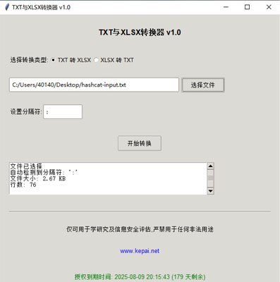 省流，直接發(fā)下載鏈接。  鏈接: https://pan.baidu.com/s/1ApuoSvq6NAORoM5GD3Oitg 提取碼: 68vq 復(fù)制這段內(nèi)容后打開百度網(wǎng)盤手機(jī)App，操作更方便哦  使用注意事項(xiàng)：免安裝綠色版，不會獲取系統(tǒng)任何權(quán)限，但是可能會被系統(tǒng)防火墻以及殺毒軟件攔截請?zhí)砑影酌麊位蛘哧P(guān)掉殺毒防火墻。  本公司自己開發(fā)的，開放免費(fèi)使用。   軟件名稱和版本  名稱: Data Converter Pro版本: v2.0  軟件說明和功能介紹  概述  Data Converter Pro 是一款功能強(qiáng)大的文件格式轉(zhuǎn)換工具，支持將文本文件（.txt）轉(zhuǎn)換為 Excel 文件（.xlsx），以及將 Excel 文件（.xlsx）轉(zhuǎn)換  為文本文件（.txt）。該軟件采用簡潔友好的用戶界面，方便用戶快速完成文件格式轉(zhuǎn)換任務(wù)。  主要功能  TXT 轉(zhuǎn) XLSX:  用戶可以選擇一個 .txt 文件，并指定分隔符（如逗號、制表符、分號等）。  軟件會自動檢測文件中的分隔符，并提供默認(rèn)分隔符選項(xiàng)。  轉(zhuǎn)換后的文件將保存為 .xlsx 格式，并顯示轉(zhuǎn)換狀態(tài)和結(jié)果信息。  XLSX 轉(zhuǎn) TXT:  用戶可以選擇一個 .xlsx 文件，并指定輸出文本文件的分隔符。  軟件會讀取 Excel 文件內(nèi)容，并將其轉(zhuǎn)換為指定分隔符的文本文件。  轉(zhuǎn)換后的文件將保存為 .txt 格式，并顯示轉(zhuǎn)換狀態(tài)和結(jié)果信息。  文件選擇與預(yù)覽:  提供文件選擇對話框，方便用戶選擇需要轉(zhuǎn)換的文件。  顯示文件的基本信息，如文件大小和行數(shù)，幫助用戶確認(rèn)選擇的文件。  分隔符設(shè)置:  用戶可以手動設(shè)置分隔符，以適應(yīng)不同的文件格式需求。  軟件會自動嘗試檢測分隔符，并提供默認(rèn)選項(xiàng)。  狀態(tài)顯示:  在轉(zhuǎn)換過程中，軟件會實(shí)時顯示轉(zhuǎn)換狀態(tài)，包括“轉(zhuǎn)換中”、“成功”或“錯誤”信息。  提供詳細(xì)的轉(zhuǎn)換結(jié)果信息，包括輸出文件路徑、文件大小、行數(shù)和轉(zhuǎn)換記錄數(shù)。  授權(quán)驗(yàn)證:  軟件包含授權(quán)驗(yàn)證功能，確保用戶擁有合法的使用權(quán)限。  顯示授權(quán)到期時間，并根據(jù)剩余天數(shù)以不同顏色提示用戶。  版權(quán)信息:  顯示軟件的版權(quán)信息和使用條款，確保用戶了解軟件的使用限制。  提供官方網(wǎng)站鏈接，方便用戶獲取更多信息和支持。  使用步驟  啟動軟件:  運(yùn)行 Data Converter Pro，軟件會自動進(jìn)行授權(quán)驗(yàn)證。  選擇轉(zhuǎn)換類型:  在“選擇轉(zhuǎn)換類型”部分，選擇“TXT 轉(zhuǎn) XLSX”或“XLSX 轉(zhuǎn) TXT”。  選擇文件:  點(diǎn)擊“選擇文件”按鈕，選擇需要轉(zhuǎn)換的文件。  軟件會顯示文件的基本信息，如文件大小和行數(shù)。  設(shè)置分隔符:  如果選擇“TXT 轉(zhuǎn) XLSX”，軟件會嘗試自動檢測分隔符，并提供默認(rèn)選項(xiàng)。  如果選擇“XLSX 轉(zhuǎn) TXT”，用戶可以手動設(shè)置輸出文本文件的分隔符。  開始轉(zhuǎn)換:  點(diǎn)擊“開始轉(zhuǎn)換”按鈕，軟件會開始轉(zhuǎn)換文件。  轉(zhuǎn)換過程中，軟件會實(shí)時顯示轉(zhuǎn)換狀態(tài)和結(jié)果信息。  查看結(jié)果:  版權(quán)信息  Data Converter Pro 僅可用于學(xué)術(shù)研究及信息安全評估，嚴(yán)禁用于任何非法用途。更多詳細(xì)信息請?jiān)L問 www.kepai.net。  轉(zhuǎn)換完成后，軟件會顯示詳細(xì)的轉(zhuǎn)換結(jié)果信息，包括輸出文件路徑、文件大小、行數(shù)和轉(zhuǎn)換記錄數(shù)。  用戶可以點(diǎn)擊“狀態(tài)”區(qū)域查看詳細(xì)的轉(zhuǎn)換日志。.jpg